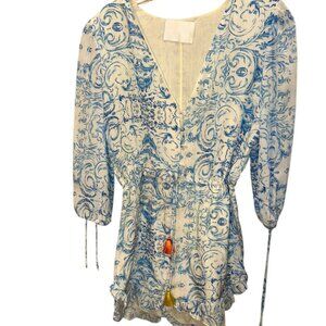 athena Procopiou 100% SILK blue white painted paisley print tunic top mini dress